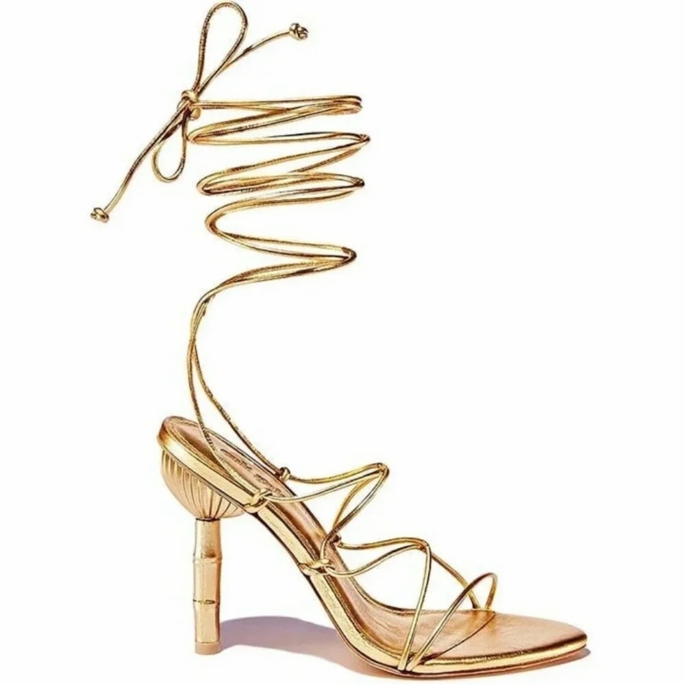 cult gaia Gold Strappy Spiral Ankle-Tie High Heel Sandal